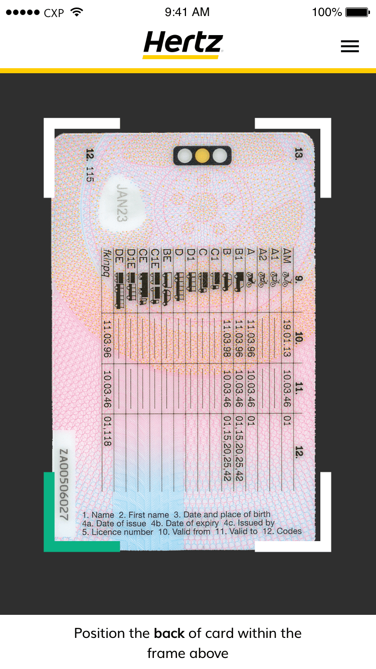 Hertz app screen capturing the back of a fictional driving licence