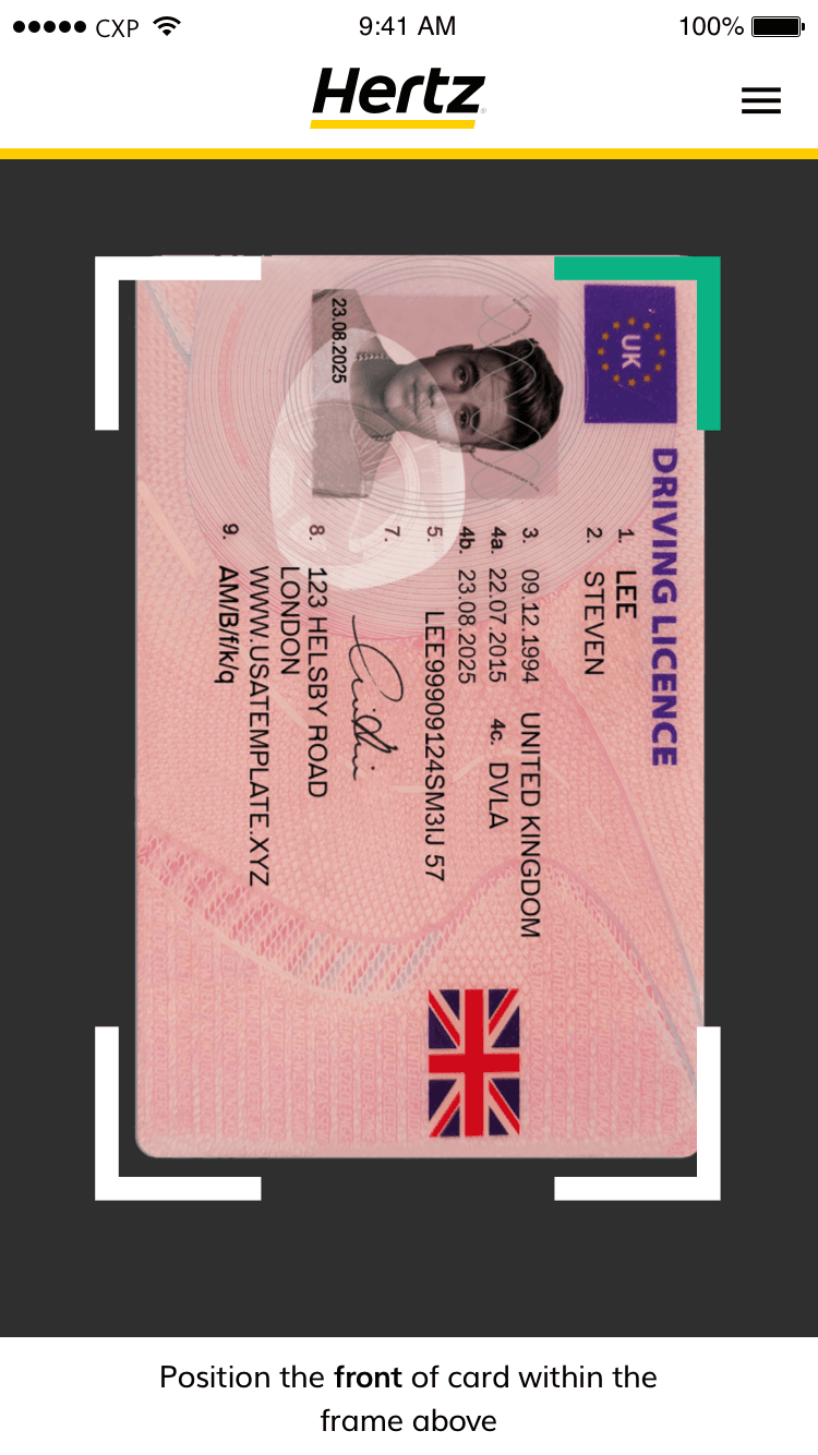 Hertz app screen capturing the front of a fictional driving licence