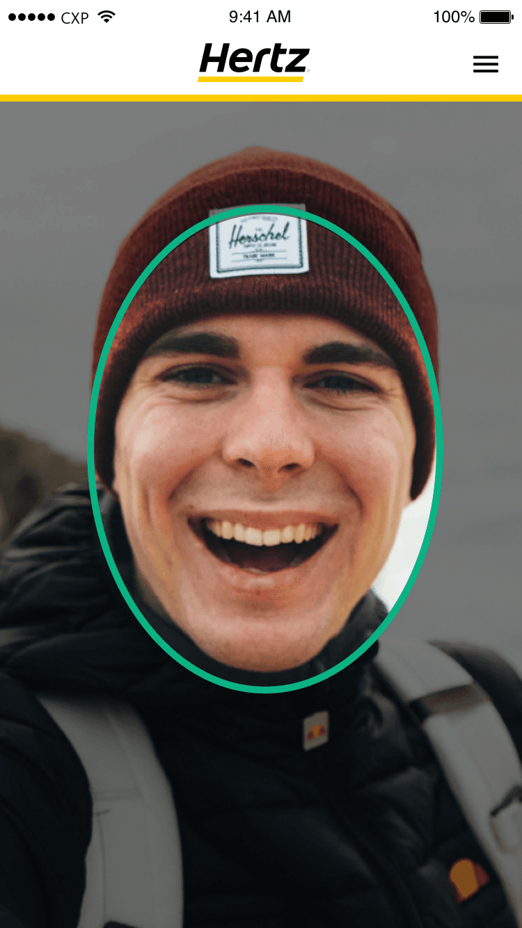 Hertz facial recognition screen using a photograph of a fictional customer