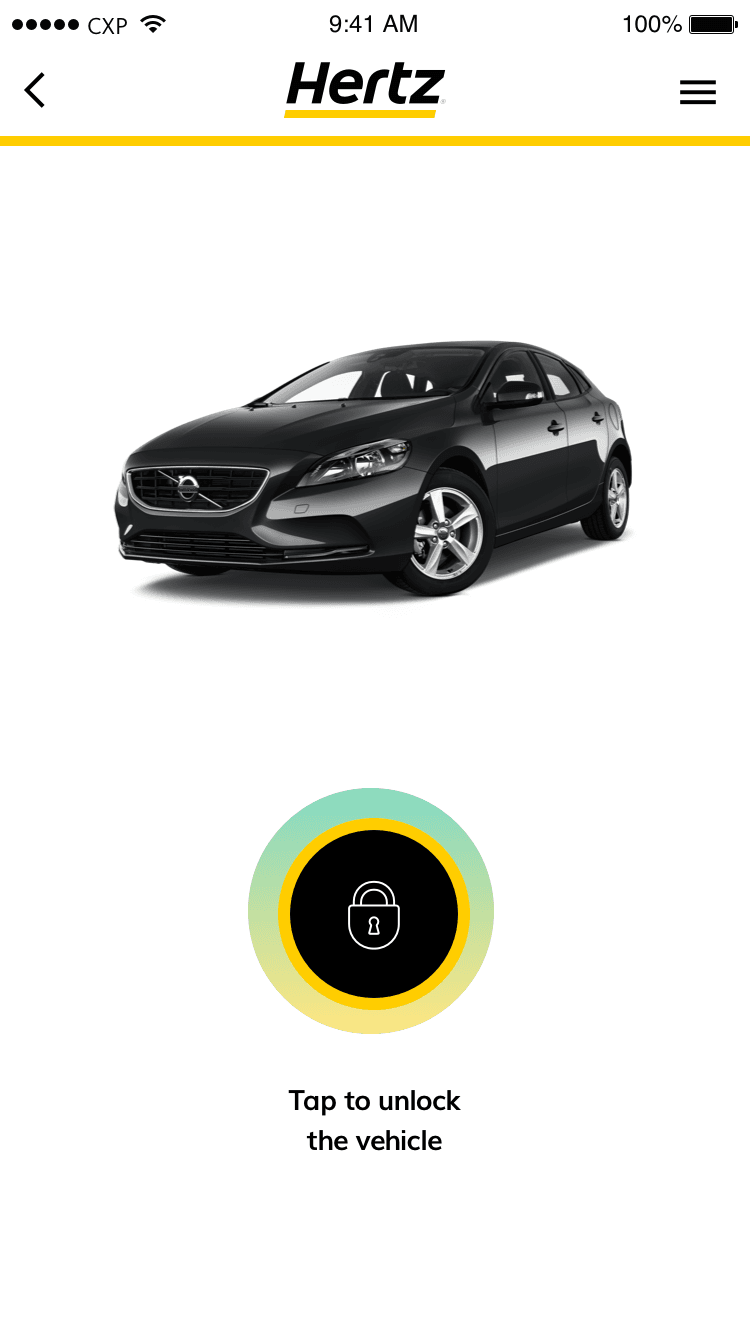 Hertz app screen showing a vehicle and a tap-to-unlock control